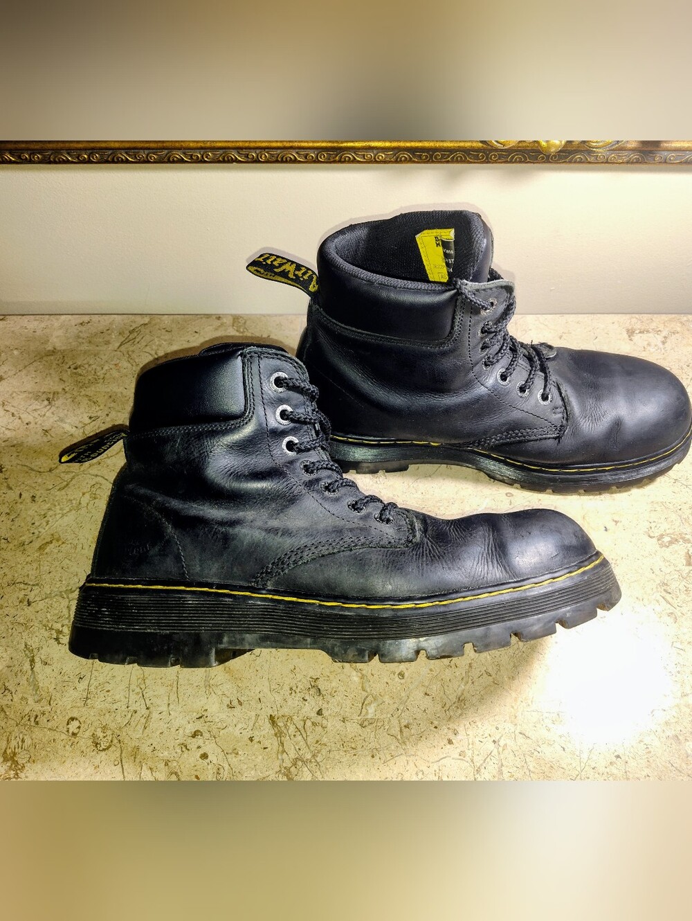 Dr Martens Industrial Black Leather Work Boots with Yellow Stitching